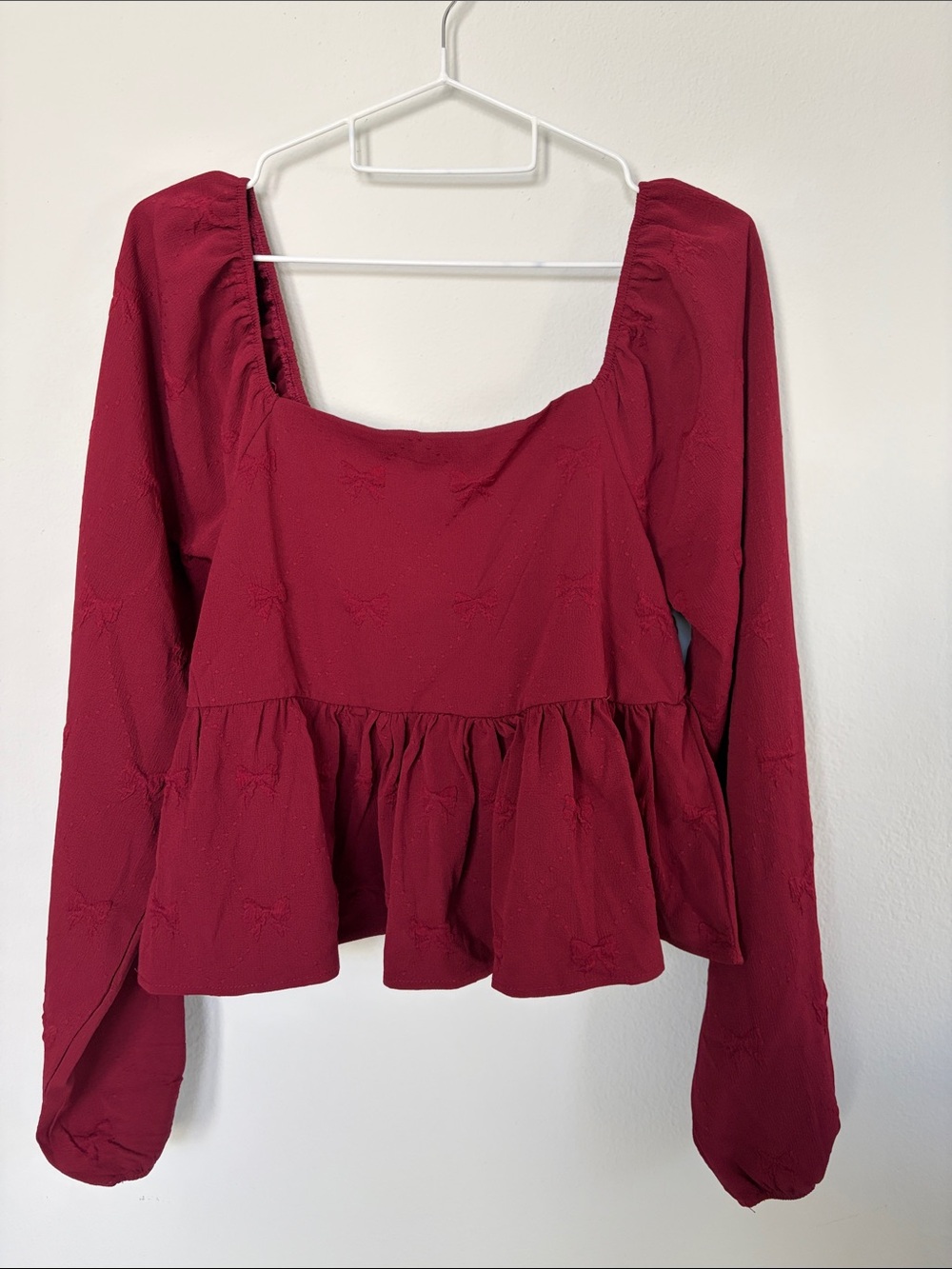Square Neck Long-Sleeve Peplum Blouse in Deep Red
